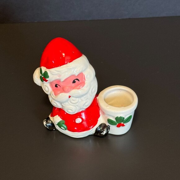 Vintage Santa Claus Ceramic Candle Holders Set Of 2 Festive Christmas Decor Red - Picture 13 of 16